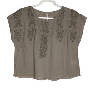 Free People Womens Size XS Brown Boxy Crop‎ Top Blouse Cotton Pintuck Embellish